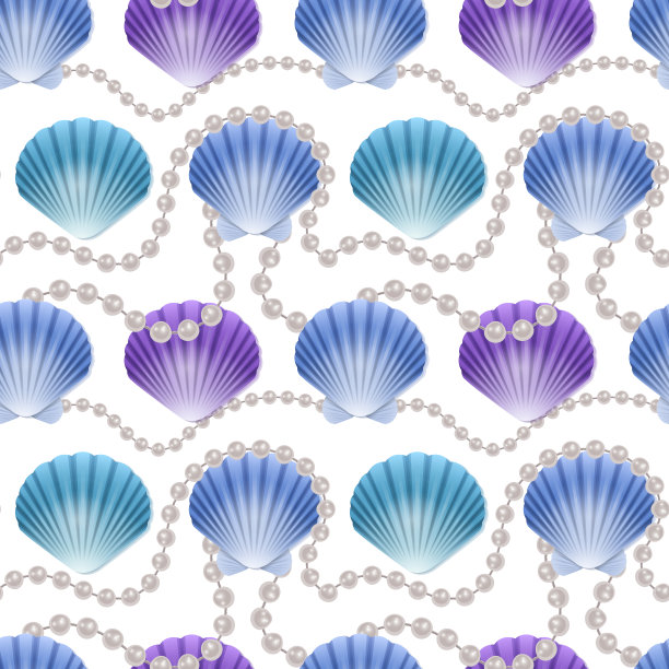 无缝无尽的图案与彩色的贝壳和珍珠在白色的背景上印刷。可用于食品行业的壁纸，海报，包装纸，婚礼贺卡。图片下载