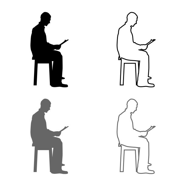 男人坐着阅读，轮廓概念学习文件图标集灰色黑色插图图片下载