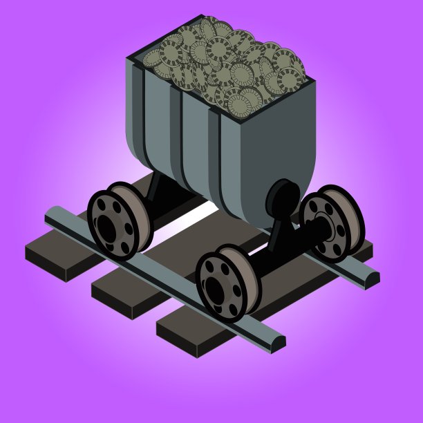 区块链加密货币挖掘。矿车轨道上的硬币。金融科技或密码的概念。虚拟支付或分布式钱包。结果或垃圾的象征。单色等距3D艺术图片下载