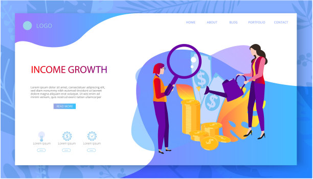 收入增长。演示文稿，登陆页面或网站模板的商业项目与人与钱。图片下载