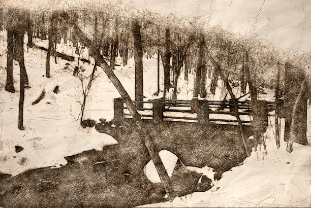 冬季小溪上的人行桥草图图片下载