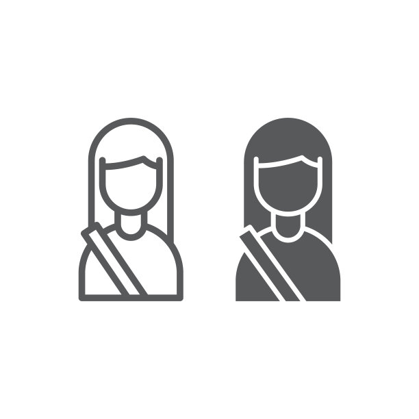 乘客线和字形图标，人和出租车，女孩标志，矢量图形，白色背景上的线性图案。图片下载