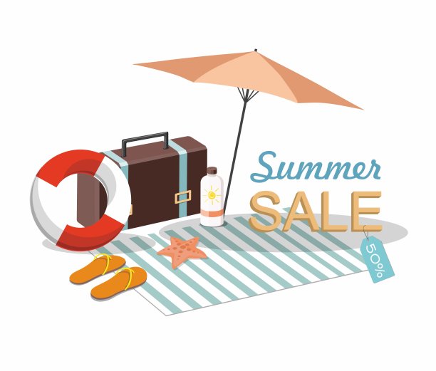 手提箱，雨伞和沙滩配件。夏季特价商品图片下载