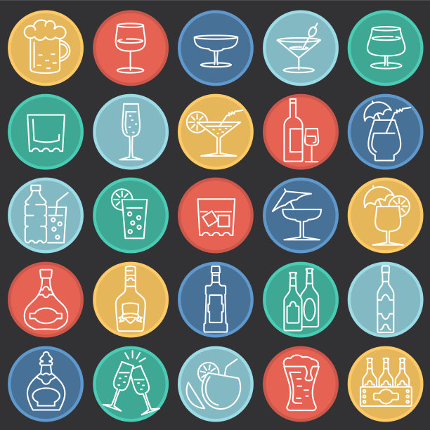 饮料线图标设置在彩色圆圈黑色背景的图形和网页设计，现代简单的矢量标志。网络的概念。时髦的符号为网站设计网页按钮或移动应用程序。图片下载
