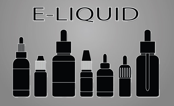 E-juice。用于电子烟的液体矢量图标或带有电子烟液体瓶的卡片。矢量图像。图片下载
