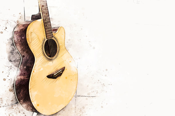 抽象吉他声水彩插画背景画。图片下载