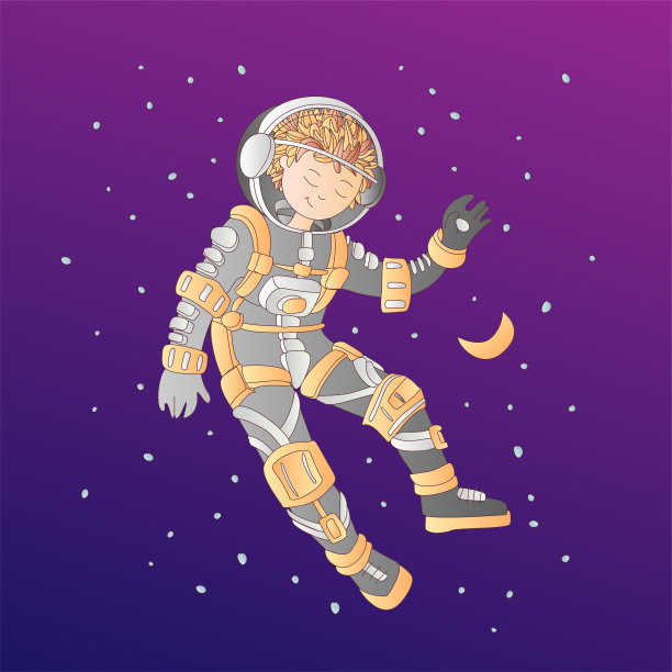 可爱的卡通asrtonaut女孩漂浮在空间矢量插图。戴着太空头盔的女孩在星际间，在宇宙深处。穿着太空服的卡通宇航员女孩。卡通素描宇航员女孩矢量插图图片下载