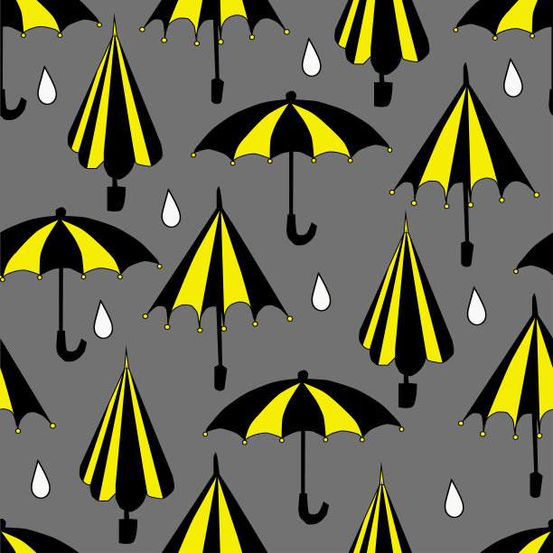 卡通伞黑色和黄色无缝图案上的灰色背景图片下载