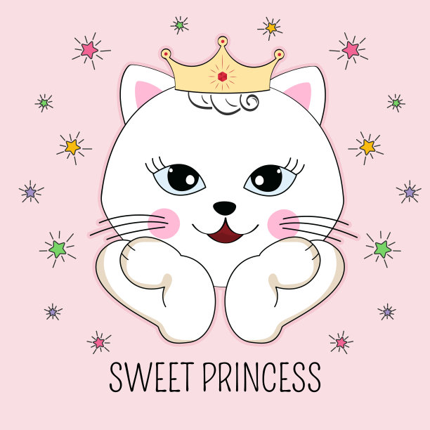 可爱美丽的猫公主孤立在粉红色的背景与彩色的星星。图片下载