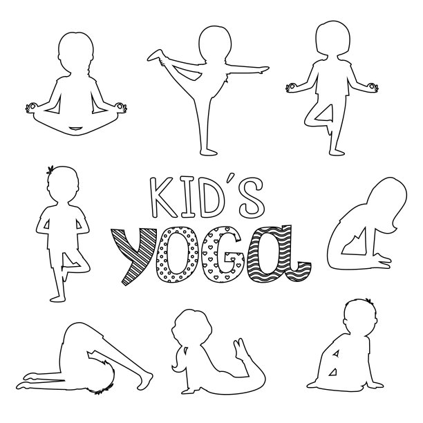 矢量轮廓的孩子瑜伽姿势孤立在白色的背景素材图片