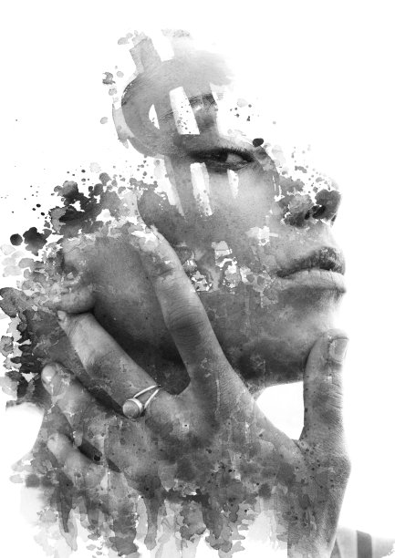 Paintography。双曝光肖像的年轻美丽的女人结合手绘水墨画与美元符号的形状。黑色和白色图片下载