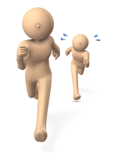 两个角色在赛跑。后者要拼命追上了。白色背景。三维演示图片下载