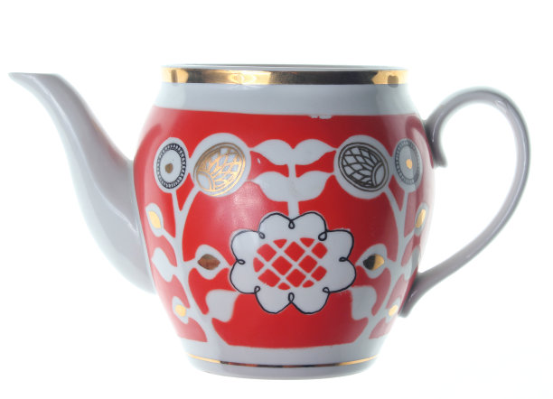 复古陶瓷茶壶，图案孤立在白色背景上图片下载