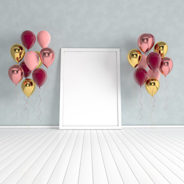 3d渲染室内与现实的金色，红色和粉红色的气球，模拟海报在房间。为派对、社交媒体宣传横幅和海报腾出空间。图片下载