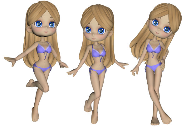 漂亮的卡通女孩在一个紫色的泳衣孤立的白色，3d渲染。图片下载