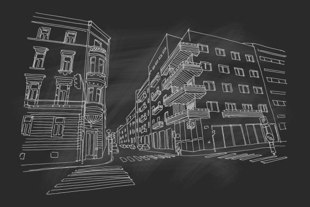 手绘欧洲街道水墨素描图片下载
