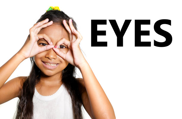 英语学习体和脸部分学校卡与美丽和快乐的亚洲孩子指向她的眼睛，微笑，愉快的取笑孤立在白色背景的语言教育图表图片下载