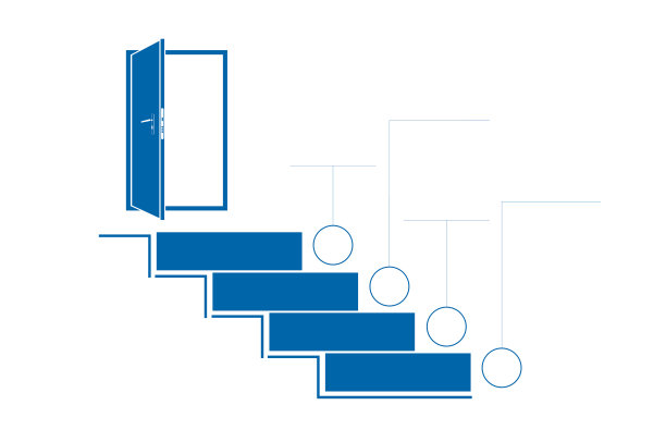爬上梯子和门口。模板信息。单色。蓝色。4的位置。图片下载