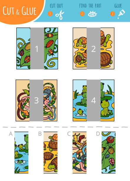 找到正确的部分，剪切和粘合游戏的儿童。一套关于动物的卡通插图图片下载