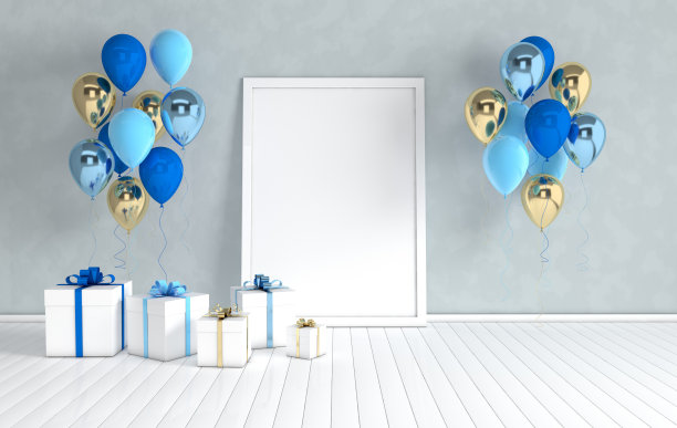3d渲染室内与现实的金色和蓝色气球，模拟海报在房间。为派对、社交媒体宣传横幅和海报腾出空间。图片下载