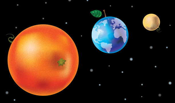 太阳、地球和月亮被描绘成桔子、苹果和甜瓜的果实。不寻常的奇妙的概念。图片下载