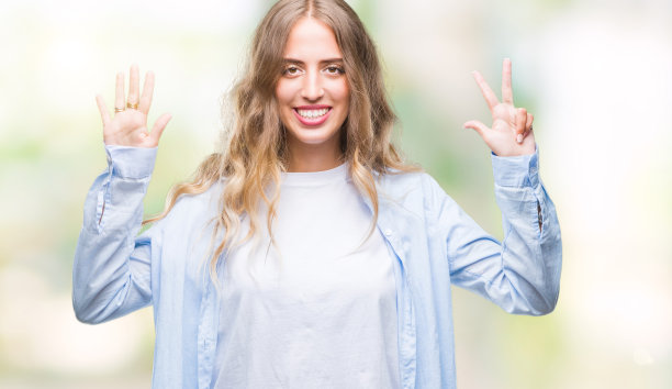 美丽的年轻金发女子在孤立的背景显示和指向第八位手指，同时自信和快乐的微笑。图片下载