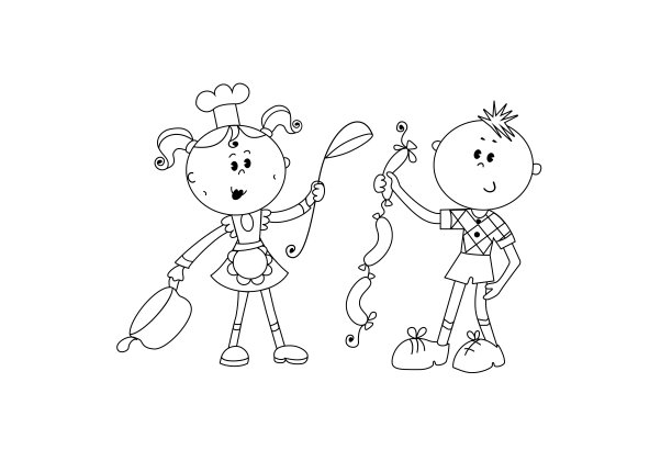 厨师太太有平底锅和勺子，孩子给她香肠。图片下载