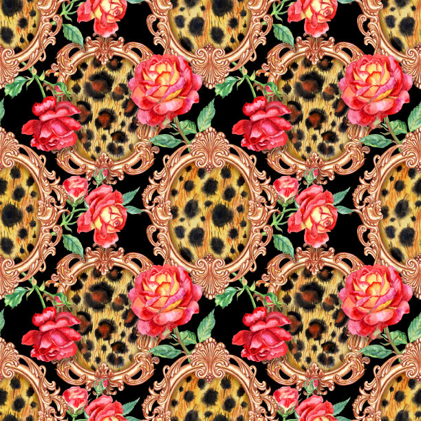 无缝豹皮在巴洛克和红玫瑰的金色框架图片下载