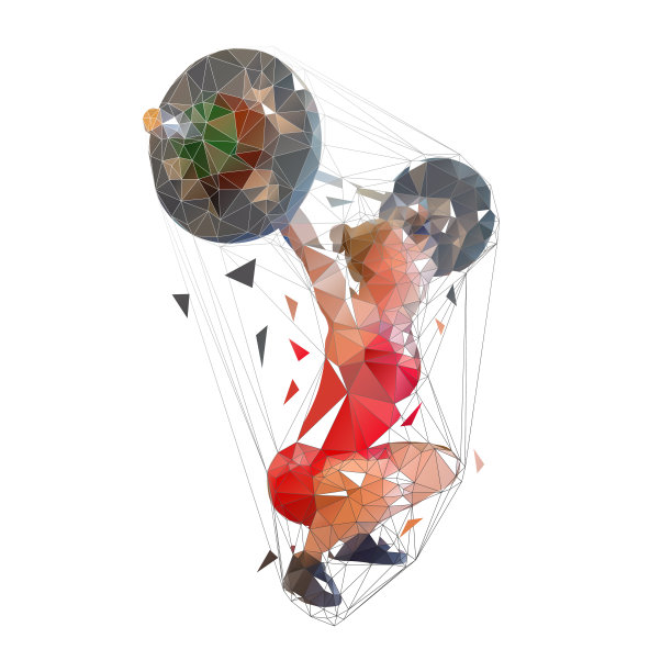 举重，女子举起大杠铃，低多边形矢量插图，侧面视图图片下载