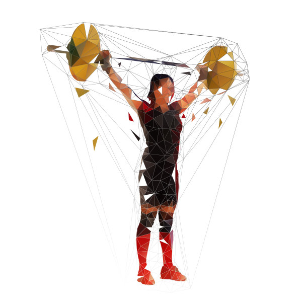 举重，女子举起大杠铃，低多边形矢量插图，侧面视图图片下载