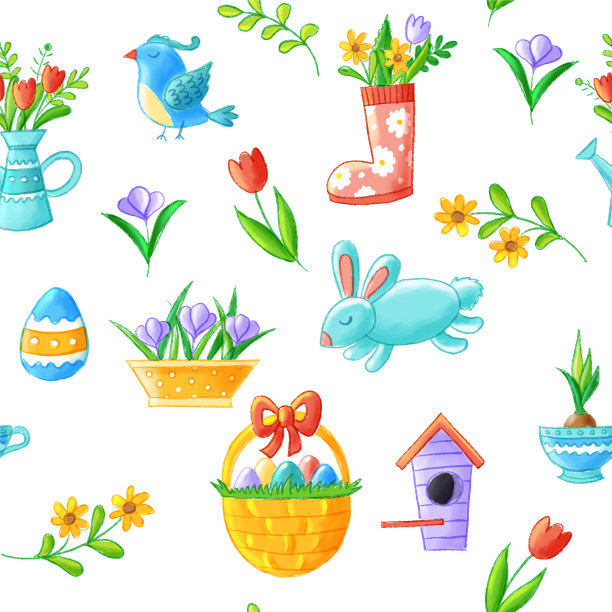 Hello spring无缝图案与手绘元素-可爱的花，鸟，兔子，复活节彩蛋，喷壶，筑巢盒，季节性插图。图片下载