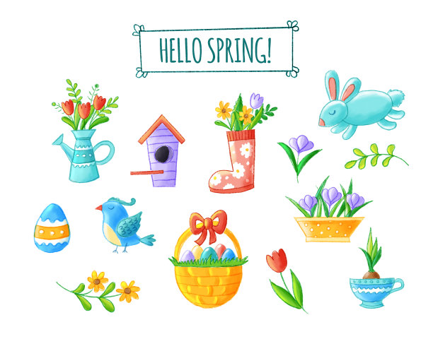你好春天手绘元素收集-可爱的花，鸟，兔子，复活节蛋，喷壶，筑巢盒，季节性插图。在白色背景上隔离图片下载