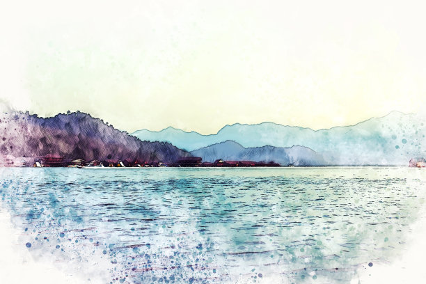 彩色的山峰和河流是水彩插画的背景。图片下载