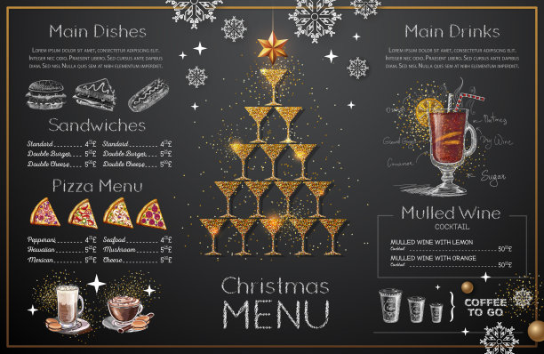 圣诞菜单设计与金色香槟杯。餐厅菜单。金字塔状的香槟酒杯图片下载