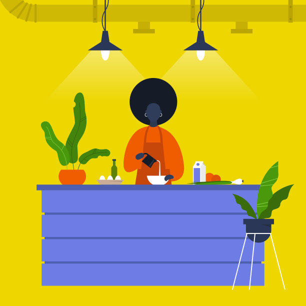 厨房。年轻的黑人女首席厨师在柜台上做饭。咖啡馆。阁楼内。现代的生活方式。平面可编辑矢量插图，剪辑艺术图片下载