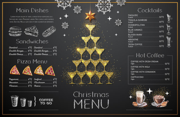 圣诞菜单设计与金色香槟杯。餐厅菜单。金字塔状的香槟酒杯图片下载