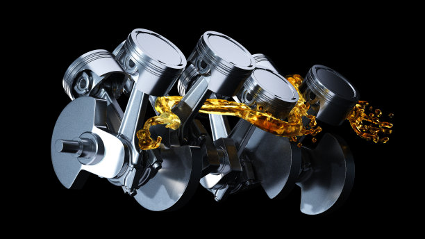 引擎的3d插图。电机部件如曲轴、活塞等带机油飞溅图片下载