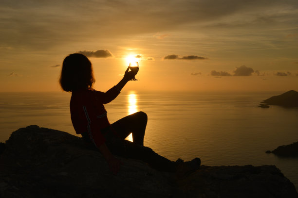 向夕阳敬酒的女人。图片下载