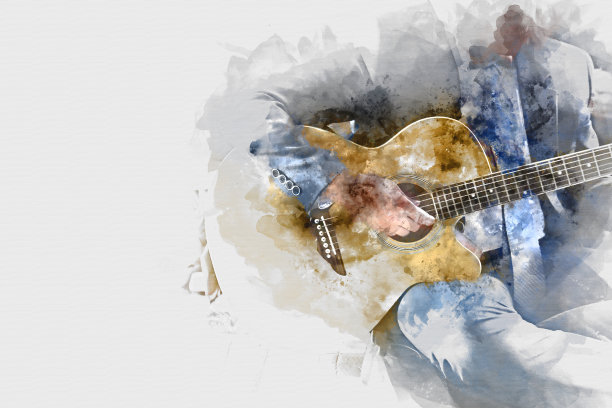 摘要男子弹吉他是水彩画插画的背景。图片下载
