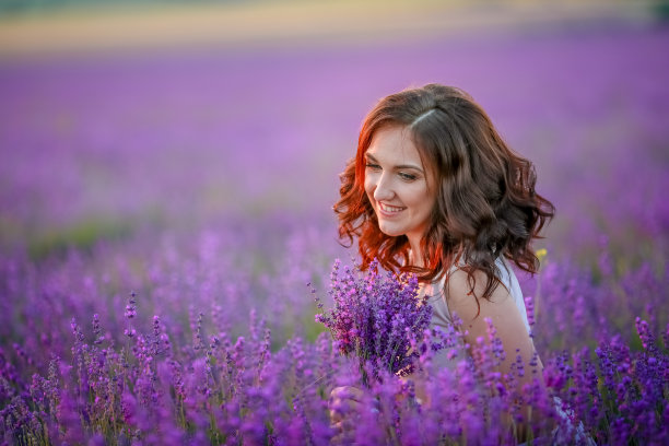 一对情侣在明媚的夏日里手牵着手望着薰衣草田。Valensole,法国。图片下载