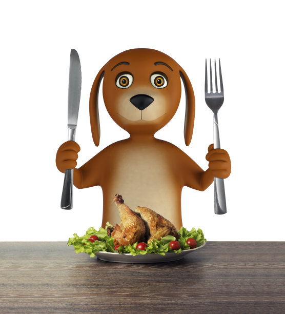 饥饿的卡通狗拿着碗拿着刀叉。孤立在白色背景上。三维渲染图片下载