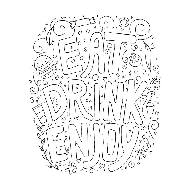 吃、喝、享受。手绘彩色文字与元素。图片下载
