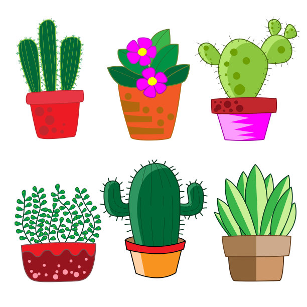 仙人掌在彩色陶瓷花盆矢量插图孤立的白色背景。图片下载