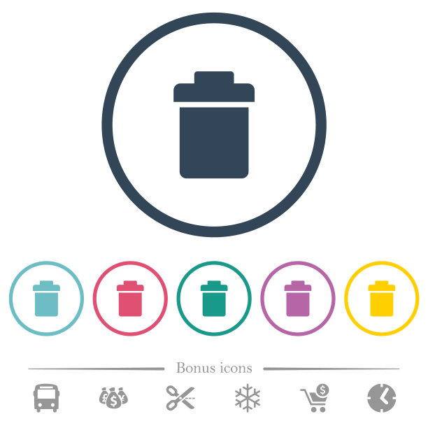 圆形轮廓中的单一垃圾平面颜色图标图片下载