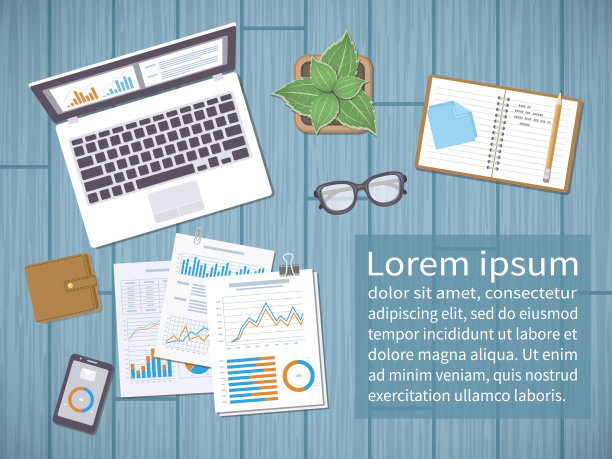 桌面文件，表格，图表，笔记本，笔记本，电话，眼镜，钱包。为题词的地方。从上面俯瞰工作场所。研究、管理、计划、会计、分析、数据。图片下载