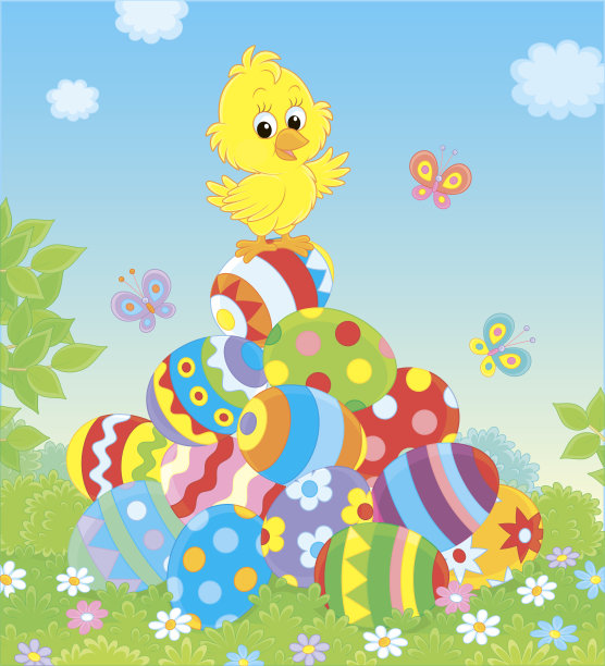 复活节小小鸡在一堆彩蛋上图片下载
