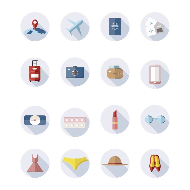 向量旅行图标的集合。旅游女孩，女性旅游偶像图片下载