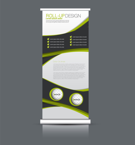 卷起横幅架。垂直信息板设计。黑色和绿色矢量插图。图片下载