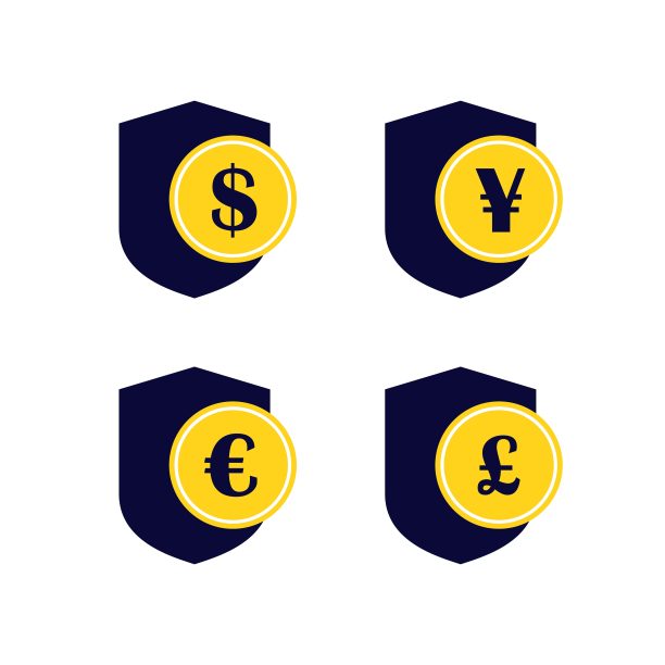 安全支付硬币盾牌美元日元人民币英镑欧元矢量图标集图片下载