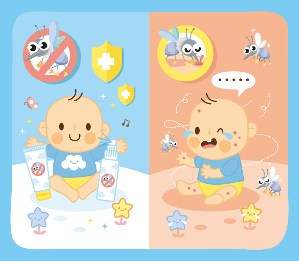 在快乐的孩子身上喷洒驱虫剂，昆虫叮咬皮肤的孩子图片下载